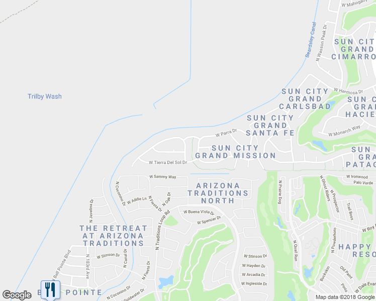 map of restaurants, bars, coffee shops, grocery stores, and more near 18737 North Siltstone Lane in Surprise