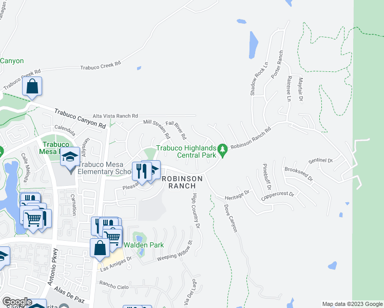 map of restaurants, bars, coffee shops, grocery stores, and more near 32231 Mill Stream Road in Trabuco Canyon