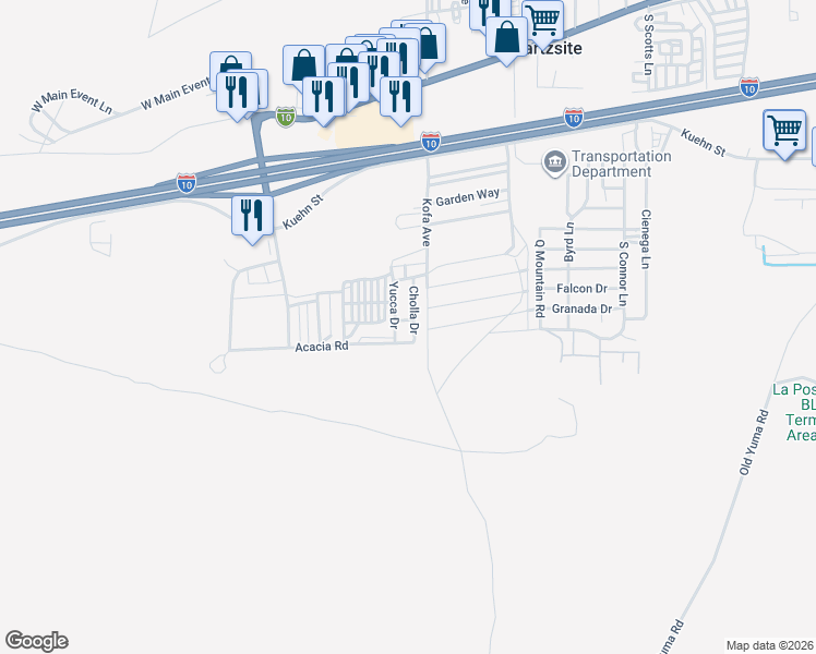 map of restaurants, bars, coffee shops, grocery stores, and more near 141 Cholla Drive in Quartzsite