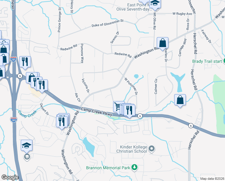 map of restaurants, bars, coffee shops, grocery stores, and more near 2959 Arlington Road in East Point