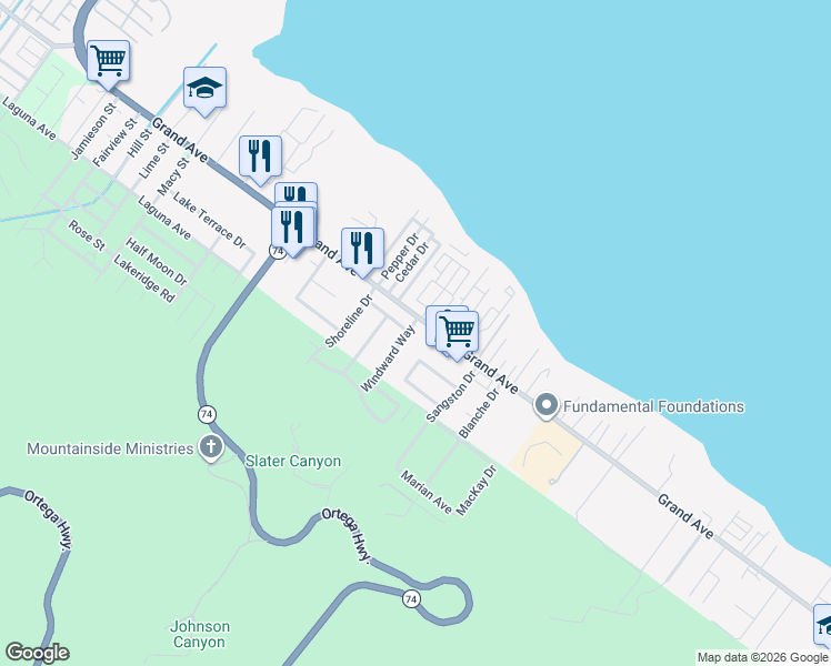 map of restaurants, bars, coffee shops, grocery stores, and more near 33108 Windward Way in Lake Elsinore