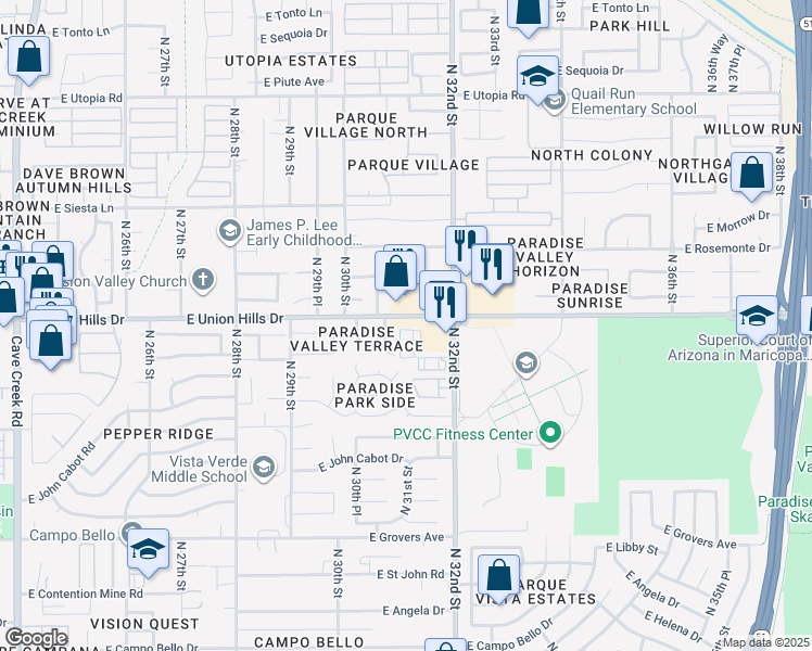 map of restaurants, bars, coffee shops, grocery stores, and more near 3130 East Union Hills Drive in Phoenix