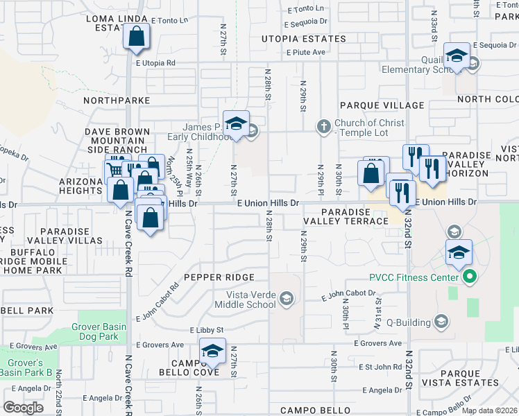 map of restaurants, bars, coffee shops, grocery stores, and more near 2740 East Union Hills Drive in Phoenix