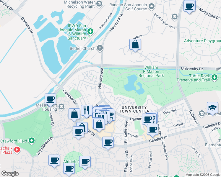 map of restaurants, bars, coffee shops, grocery stores, and more near 77 Lehigh Aisle in Irvine