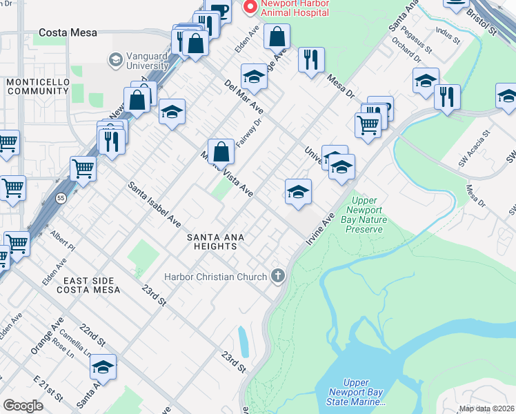 map of restaurants, bars, coffee shops, grocery stores, and more near 306 Monte Vista Avenue in Costa Mesa