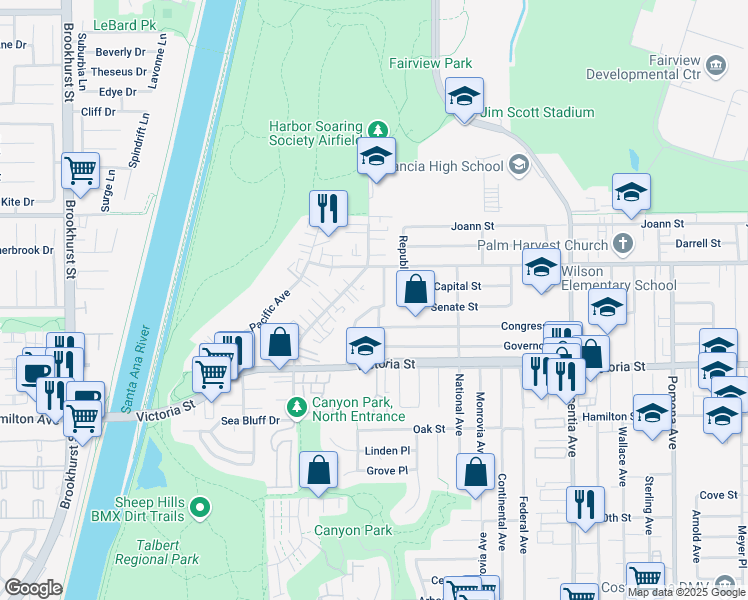 map of restaurants, bars, coffee shops, grocery stores, and more near 2239 State Avenue in Costa Mesa