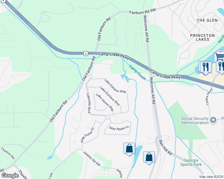 map of restaurants, bars, coffee shops, grocery stores, and more near 3622 Lake Estates Way in Atlanta