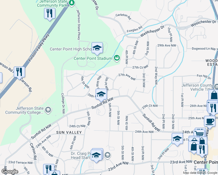 map of restaurants, bars, coffee shops, grocery stores, and more near 2612 5th Place Northwest in Center Point