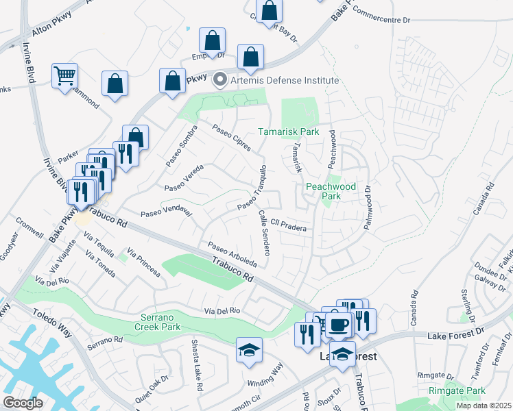 map of restaurants, bars, coffee shops, grocery stores, and more near 21231 Calle Sendero in Lake Forest