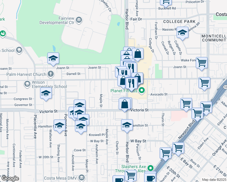 map of restaurants, bars, coffee shops, grocery stores, and more near 2217 Harbor Boulevard in Costa Mesa