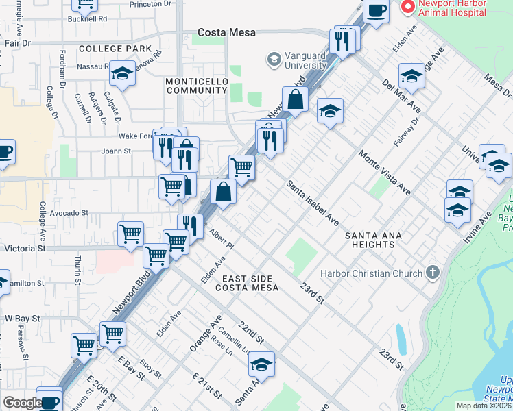 map of restaurants, bars, coffee shops, grocery stores, and more near 2337 Elden Avenue in Costa Mesa
