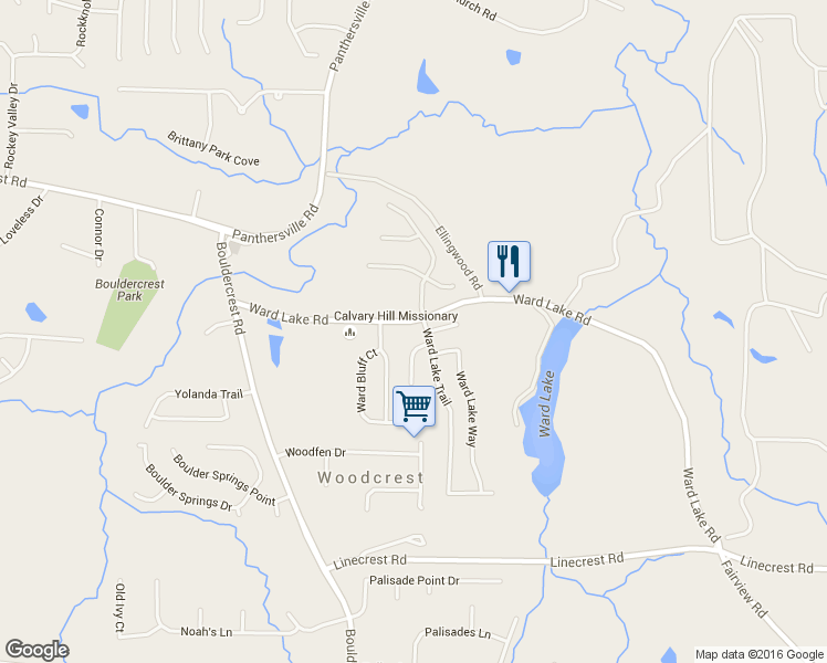map of restaurants, bars, coffee shops, grocery stores, and more near 2744 Ward Lake Court in Ellenwood