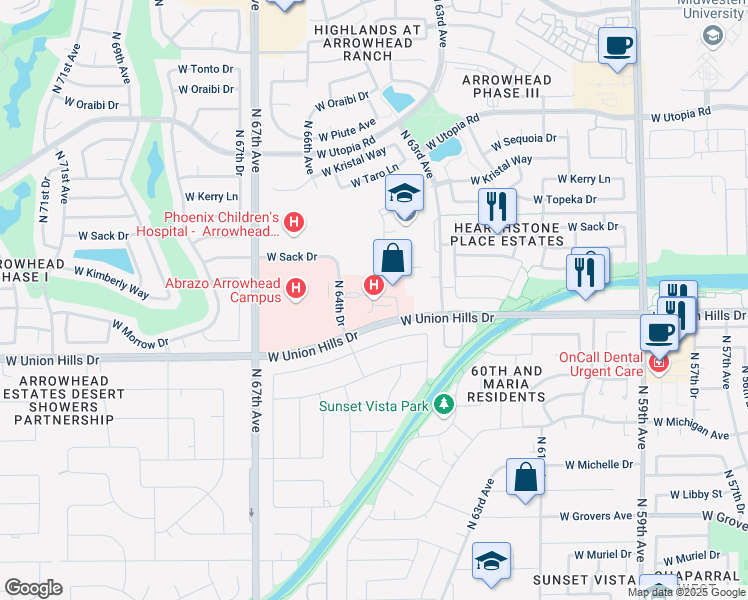 map of restaurants, bars, coffee shops, grocery stores, and more near 6320 West Union Hills Drive in Glendale