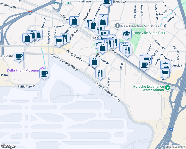 map of restaurants, bars, coffee shops, grocery stores, and more near 3648 South Fulton Avenue in Hapeville