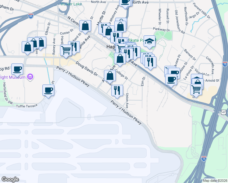 map of restaurants, bars, coffee shops, grocery stores, and more near 3640 South Fulton Avenue in Hapeville