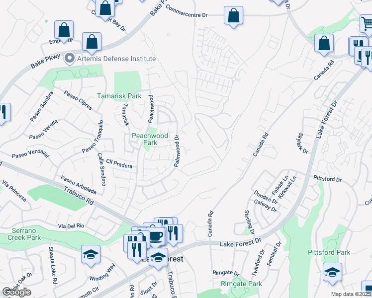 map of restaurants, bars, coffee shops, grocery stores, and more near 21247 Camelia in Lake Forest