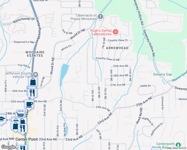 map of restaurants, bars, coffee shops, grocery stores, and more near 2616 6th Street Northeast in Center Point