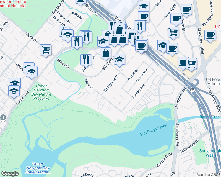 map of restaurants, bars, coffee shops, grocery stores, and more near 20382 Southwest Cypress Street in Newport Beach