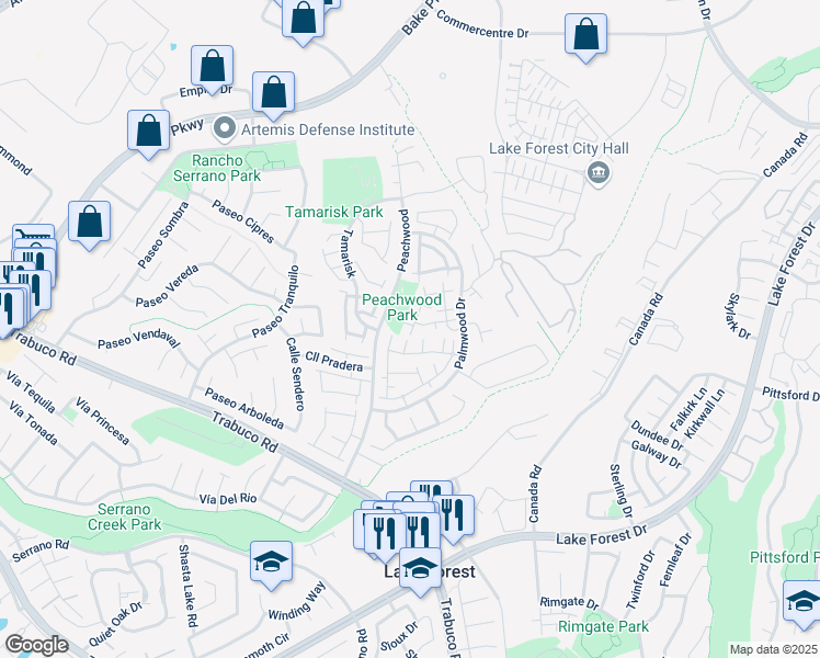 map of restaurants, bars, coffee shops, grocery stores, and more near 21132 Jasmines Way in Lake Forest