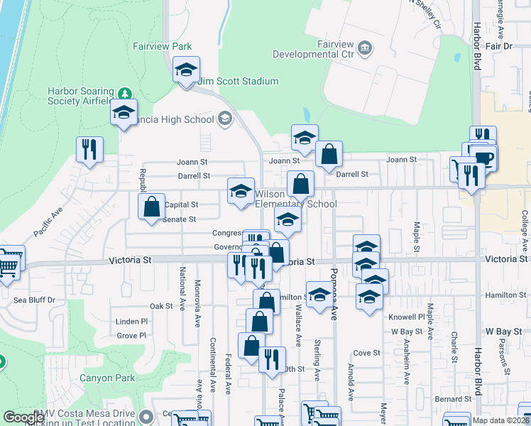 map of restaurants, bars, coffee shops, grocery stores, and more near 2218 Placentia Avenue in Costa Mesa