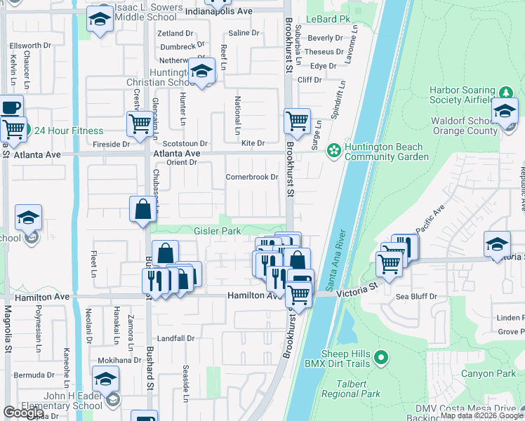 map of restaurants, bars, coffee shops, grocery stores, and more near 21201 Binghampton Circle in Huntington Beach