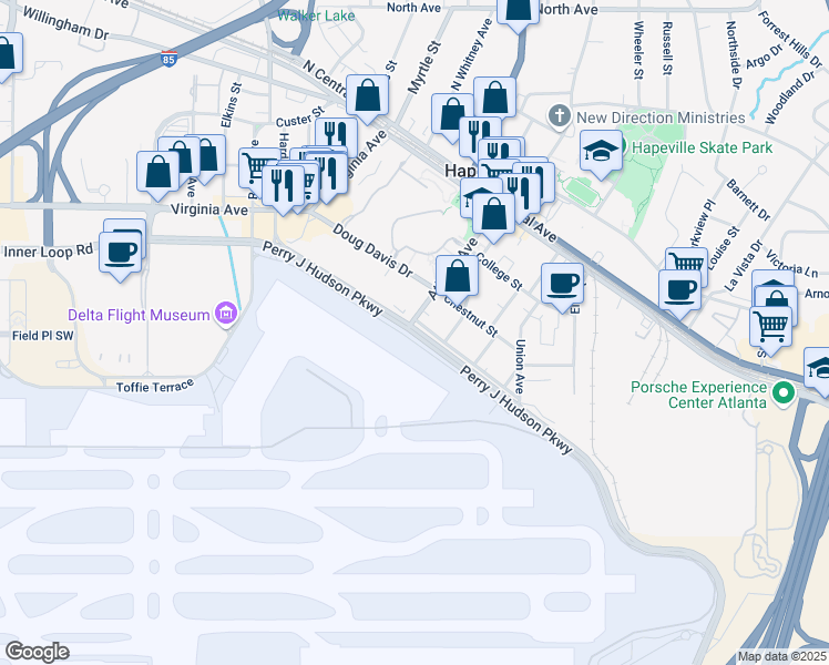 map of restaurants, bars, coffee shops, grocery stores, and more near Airport Loop Rd in Hapeville