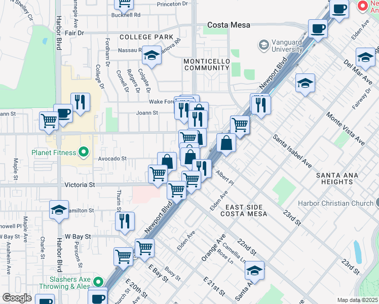 map of restaurants, bars, coffee shops, grocery stores, and more near 2215 Mayfair Court in Costa Mesa