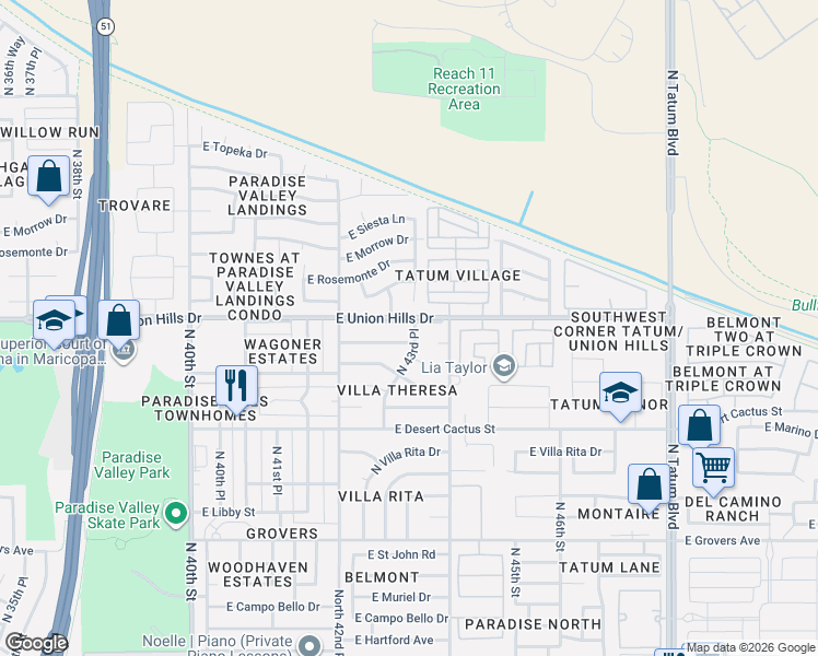 map of restaurants, bars, coffee shops, grocery stores, and more near 18615 North 43rd Place in Phoenix