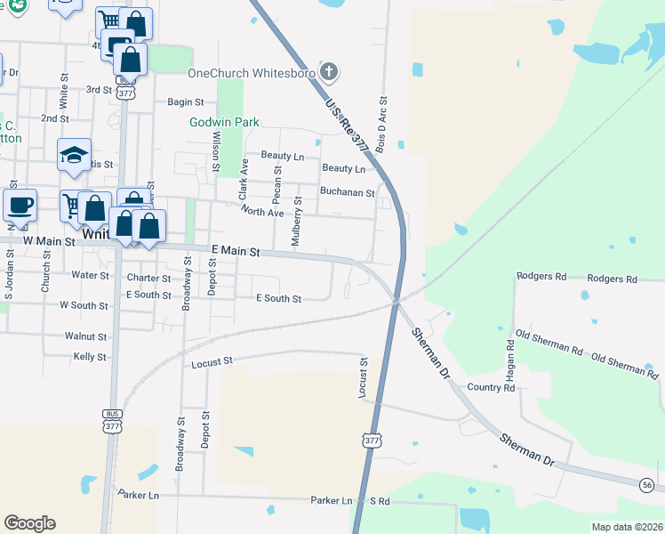 map of restaurants, bars, coffee shops, grocery stores, and more near 715 East Main Street in Whitesboro
