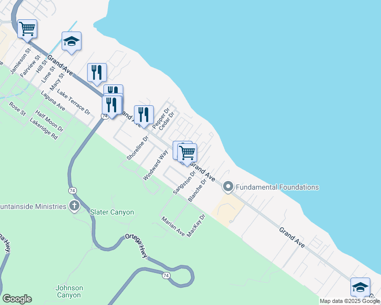 map of restaurants, bars, coffee shops, grocery stores, and more near 32970 Ethlene Drive in Lake Elsinore