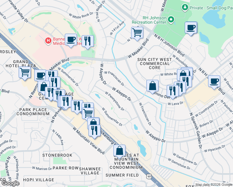 map of restaurants, bars, coffee shops, grocery stores, and more near 14018 West Aleppo Drive in Sun City West