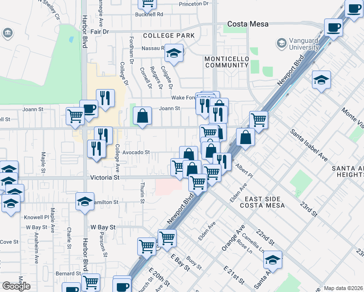 map of restaurants, bars, coffee shops, grocery stores, and more near 2215 Avalon Street in Costa Mesa