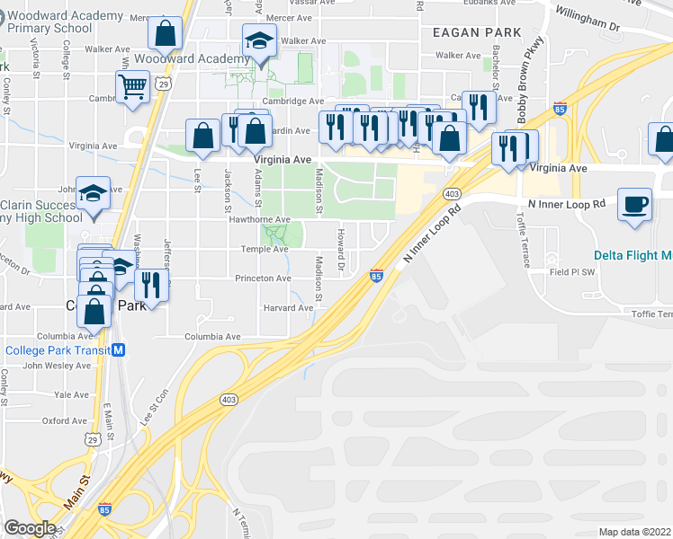 map of restaurants, bars, coffee shops, grocery stores, and more near 3673 Howard Drive in College Park