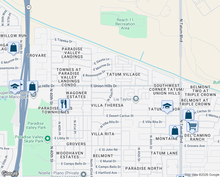 map of restaurants, bars, coffee shops, grocery stores, and more near 18615 North 43rd Place in Phoenix