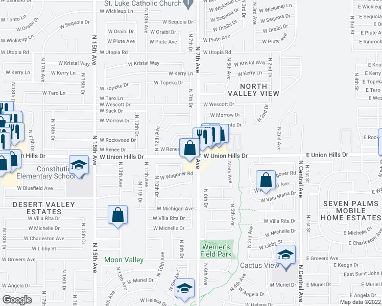 map of restaurants, bars, coffee shops, grocery stores, and more near 18627 North 7th Drive in Phoenix