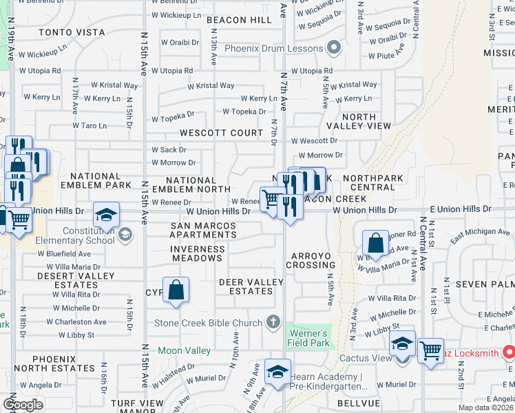 map of restaurants, bars, coffee shops, grocery stores, and more near 18626 North 9th Avenue in Phoenix
