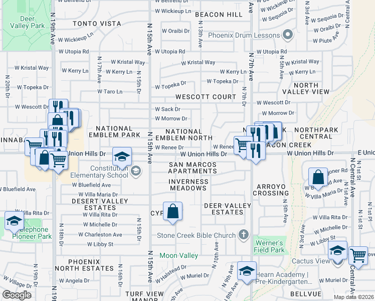 map of restaurants, bars, coffee shops, grocery stores, and more near West Union Hills Drive in Phoenix