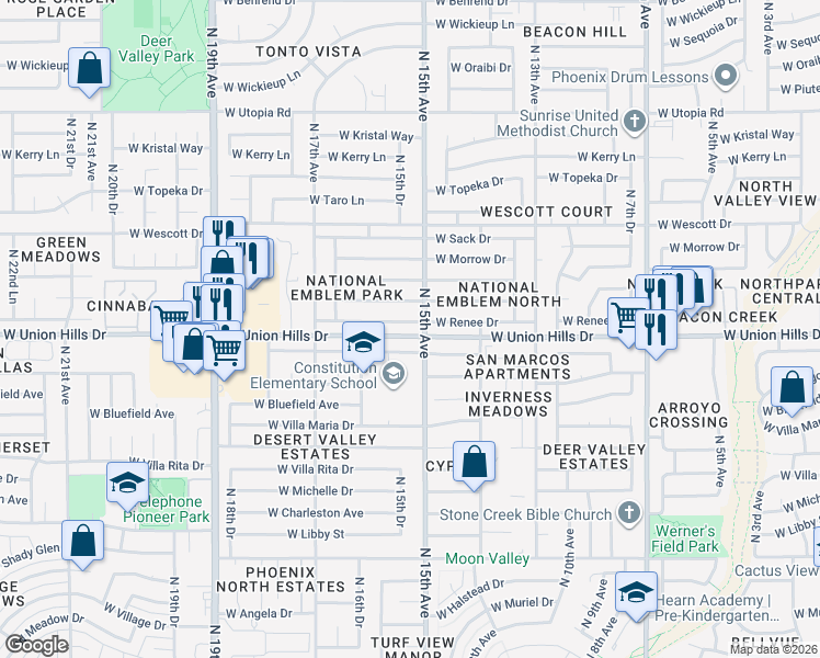 map of restaurants, bars, coffee shops, grocery stores, and more near 1507 West Rockwood Drive in Phoenix