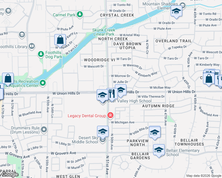 map of restaurants, bars, coffee shops, grocery stores, and more near 18622 North 50th Avenue in Glendale