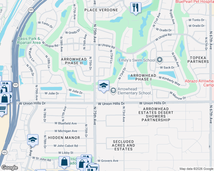 map of restaurants, bars, coffee shops, grocery stores, and more near 7348 West Morrow Drive in Glendale