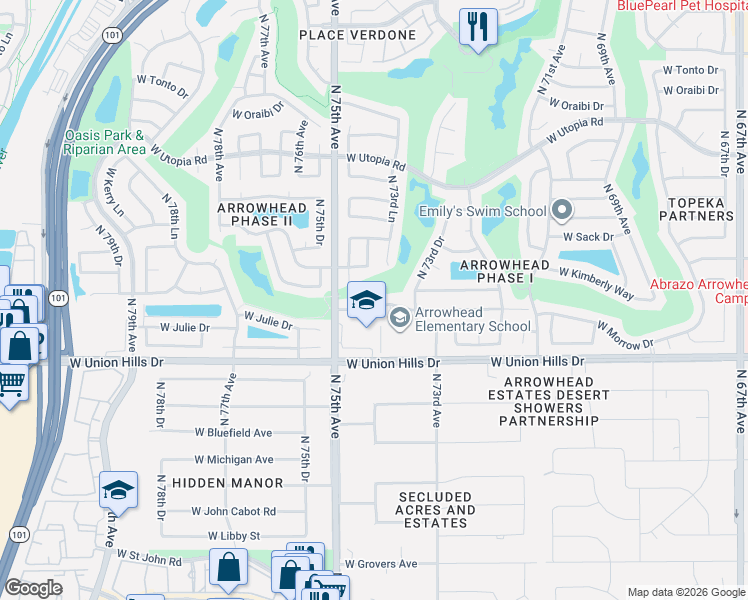 map of restaurants, bars, coffee shops, grocery stores, and more near 7348 West Morrow Drive in Glendale