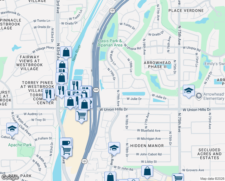 map of restaurants, bars, coffee shops, grocery stores, and more near 7921 West Wescott Drive in Glendale