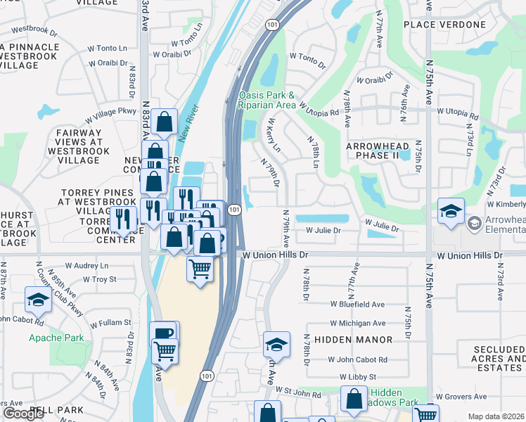 map of restaurants, bars, coffee shops, grocery stores, and more near 7921 West Wescott Drive in Glendale