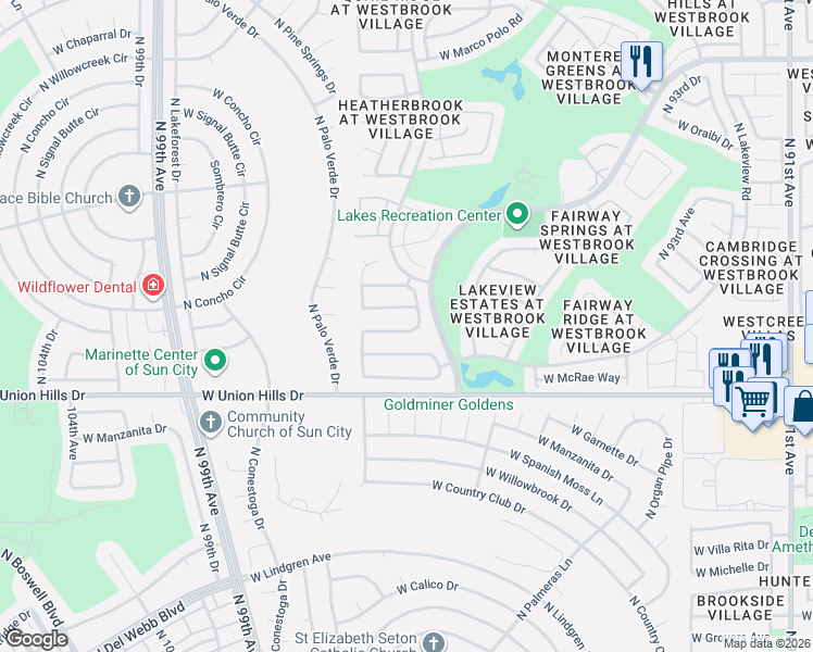 map of restaurants, bars, coffee shops, grocery stores, and more near 9760 West Kimberly Way in Peoria