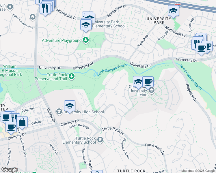 map of restaurants, bars, coffee shops, grocery stores, and more near 5 Rustling Wind in Irvine