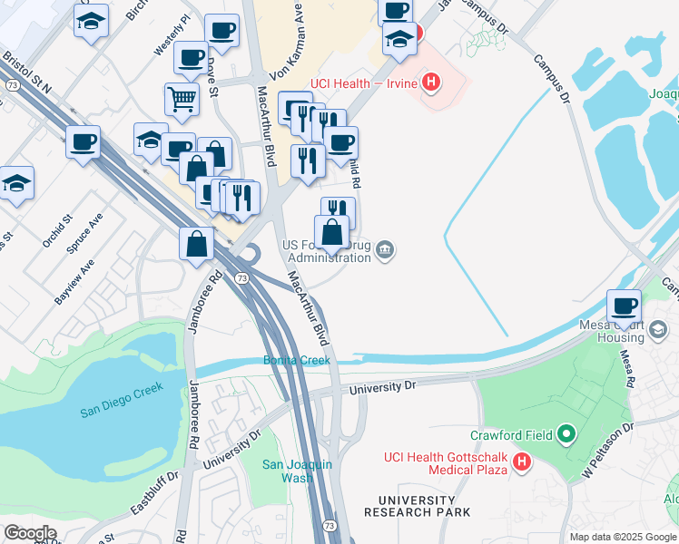 map of restaurants, bars, coffee shops, grocery stores, and more near 19900 Macarthur Boulevard in Irvine
