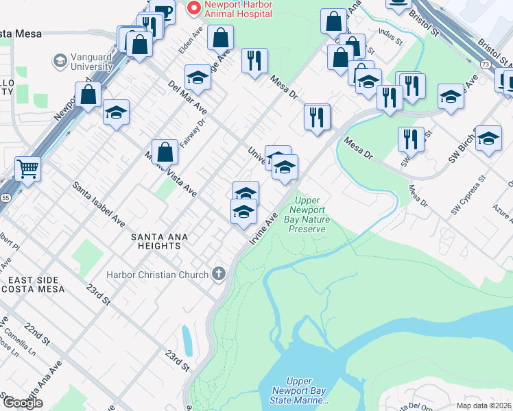 map of restaurants, bars, coffee shops, grocery stores, and more near 2580 Willo Lane in Costa Mesa