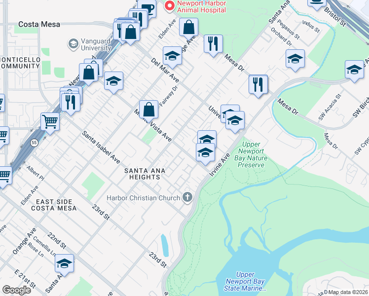 map of restaurants, bars, coffee shops, grocery stores, and more near 306 Monte Vista Avenue in Costa Mesa