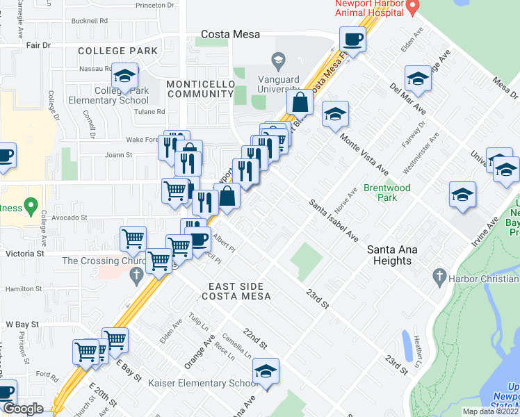 map of restaurants, bars, coffee shops, grocery stores, and more near 125 East Wilson Street in Costa Mesa
