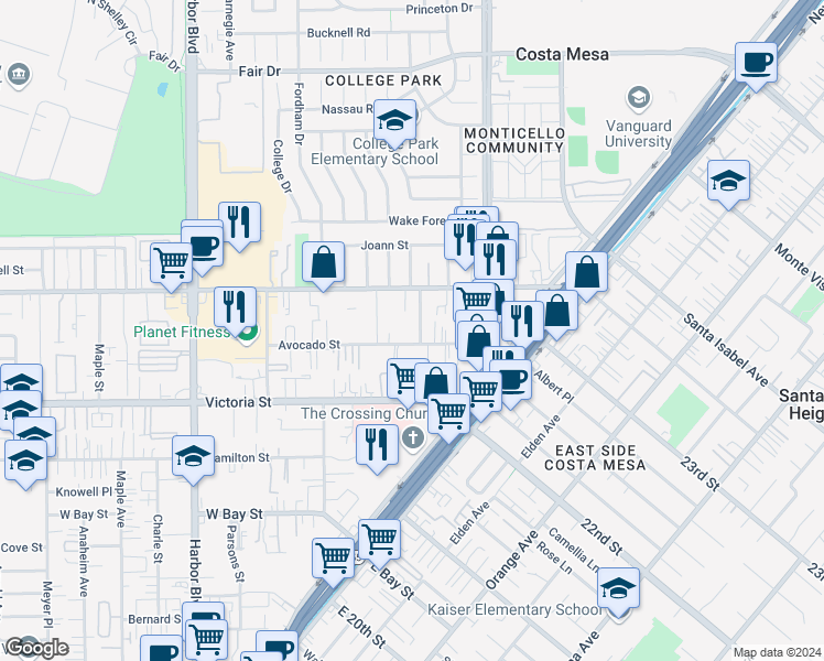 map of restaurants, bars, coffee shops, grocery stores, and more near 2215 Avalon Street in Costa Mesa